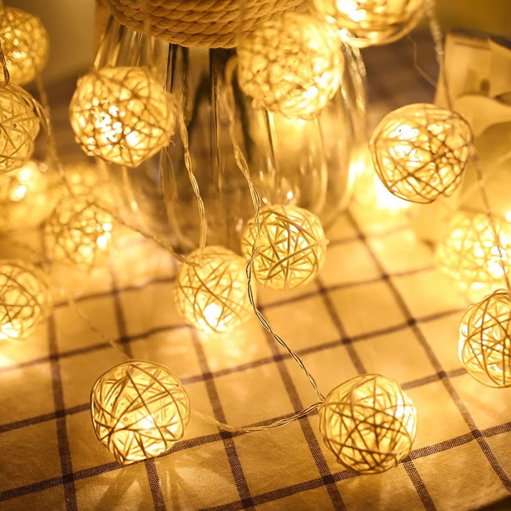 Led Fairy String Lights Rattan Balls Cotton 5M 20LEDs Warm White Garland Chain Holiday Christmas For Patio Wedding Decoration