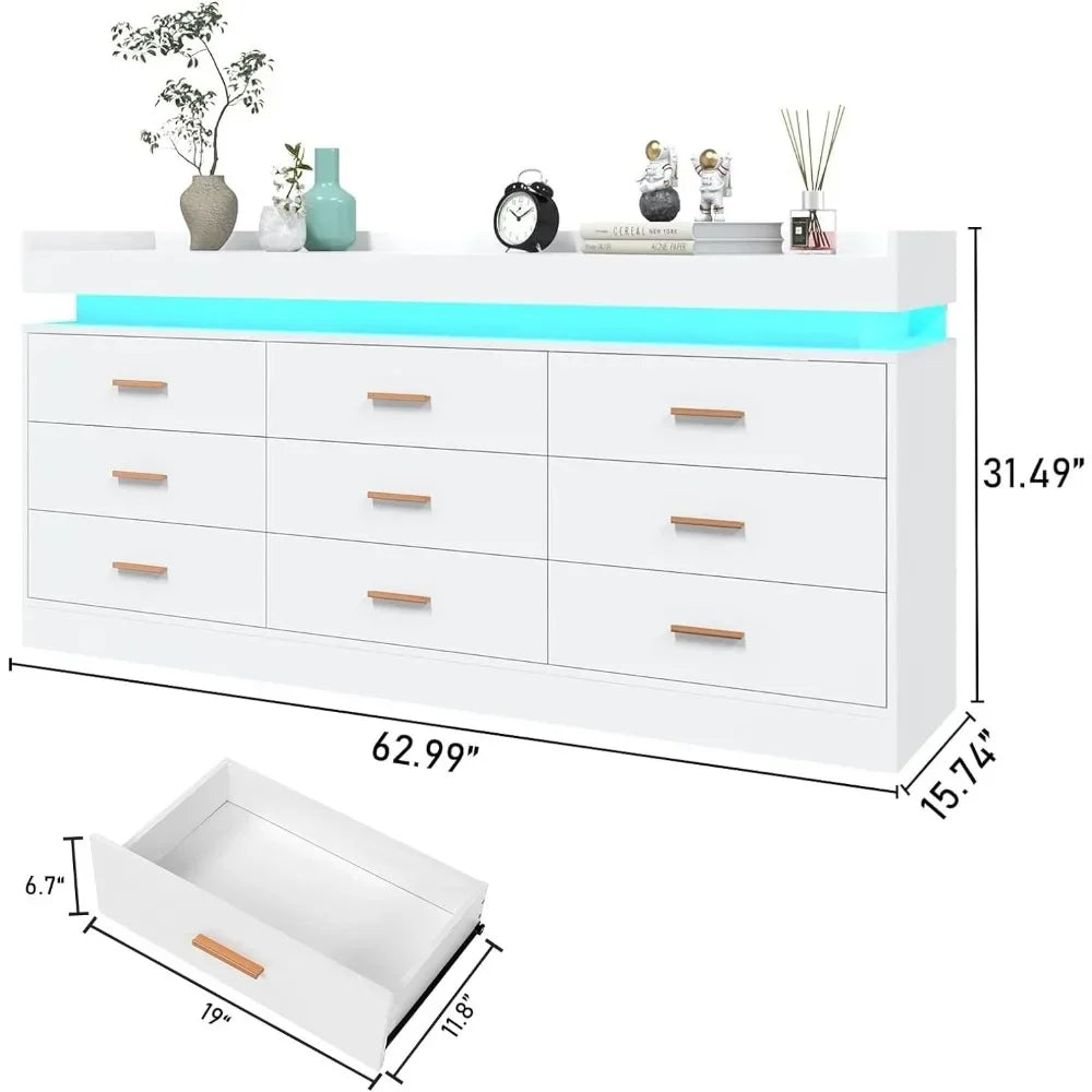 Modern Dresser with LED Light,Wide Drawer Organizer