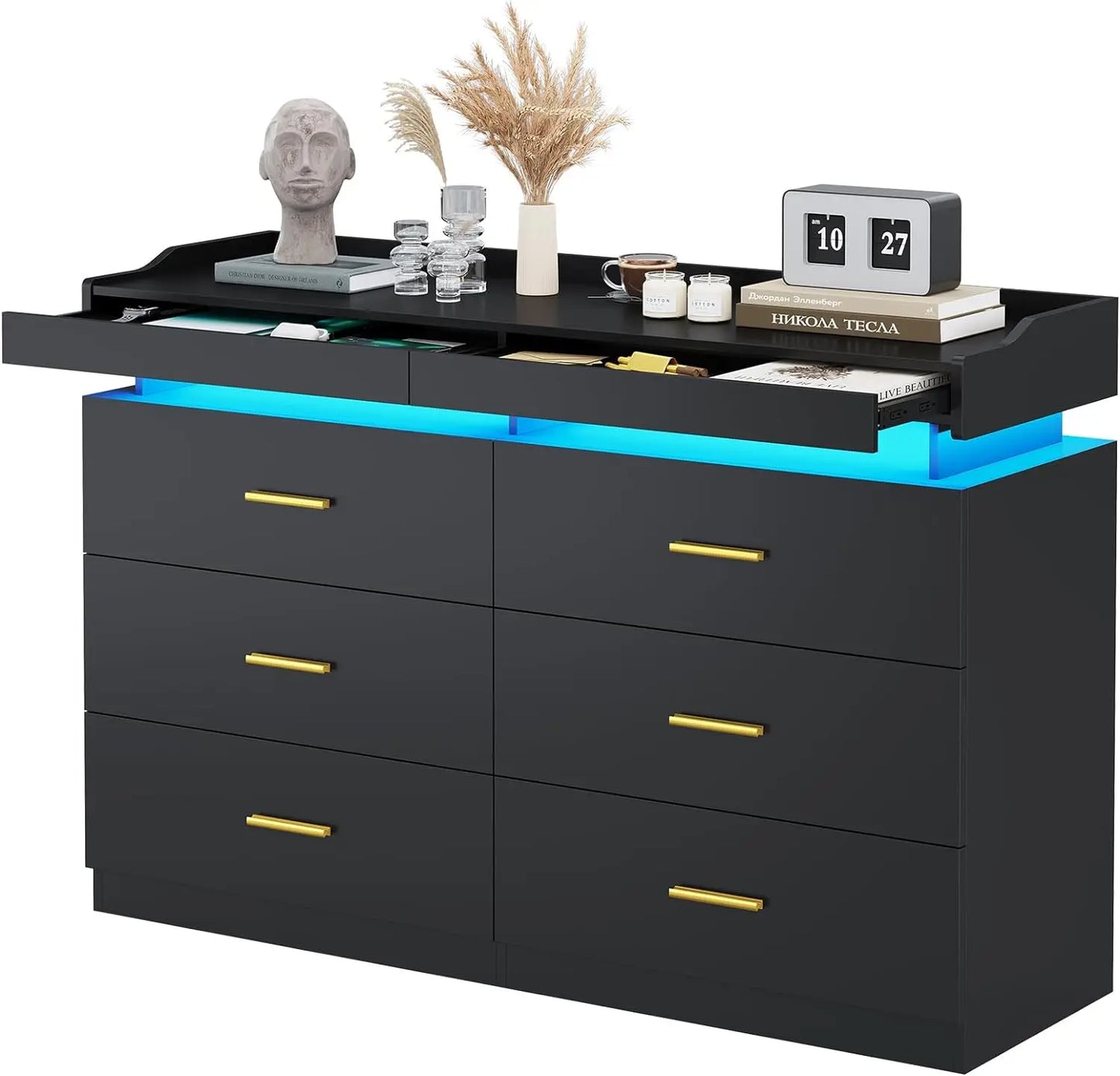 Modern Dresser with LED Light,Wide Drawer Organizer