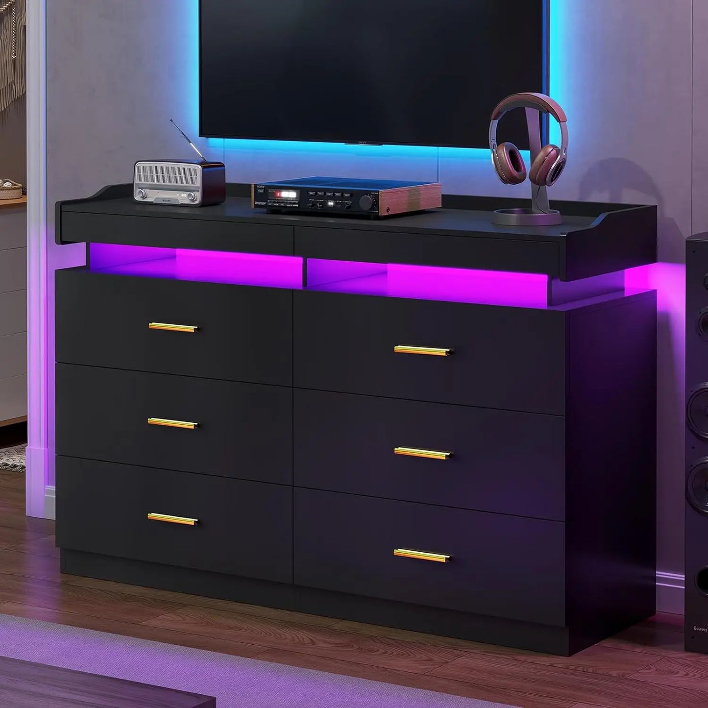 Modern Dresser with LED Light,Wide Drawer Organizer