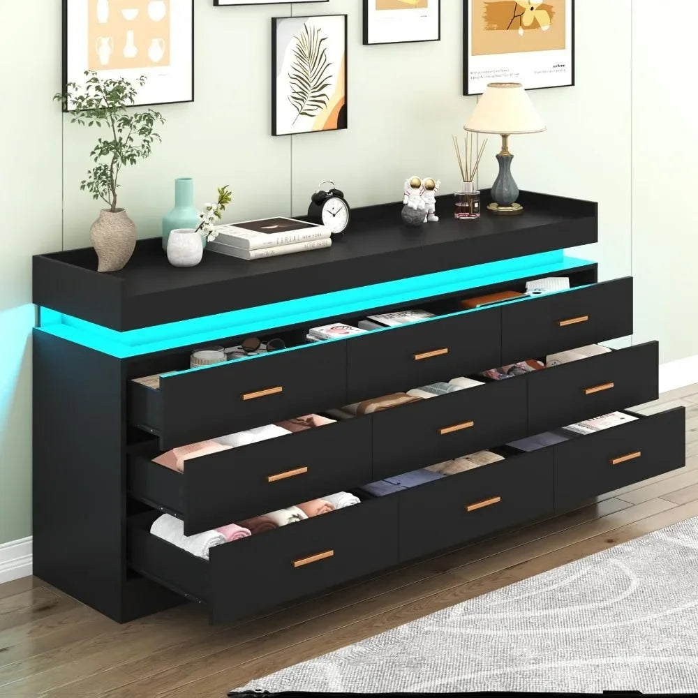 Modern Dresser with LED Light,Wide Drawer Organizer