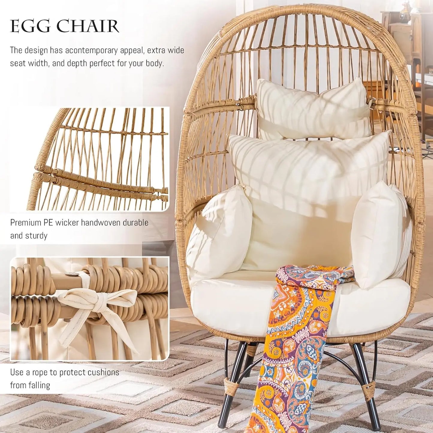 Boho Patio Furniture with Egg Chair and a Tempered Glass Table