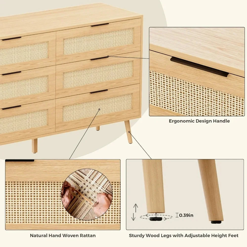 Rattan Dresser for Bedroom with 6 Drawers