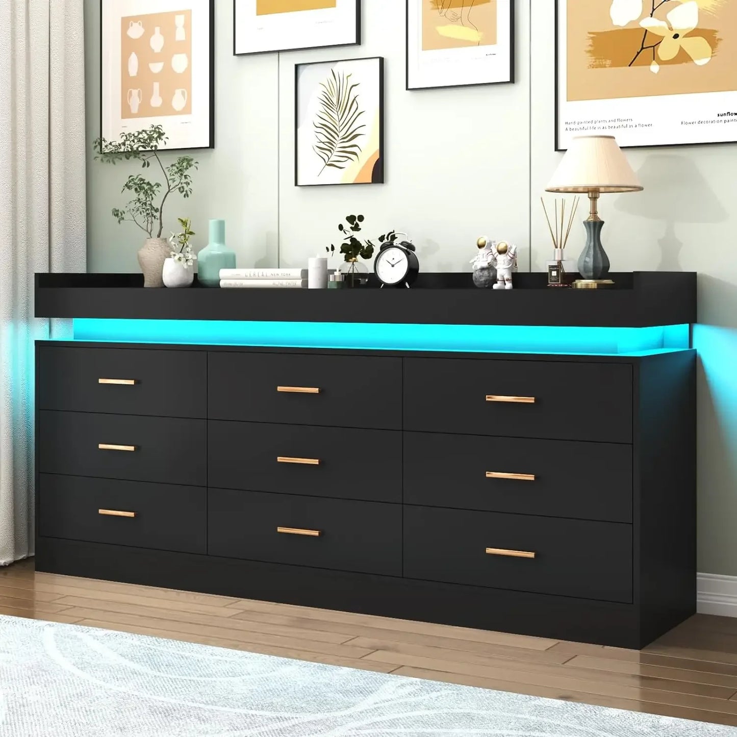 Modern Dresser with LED Light,Wide Drawer Organizer