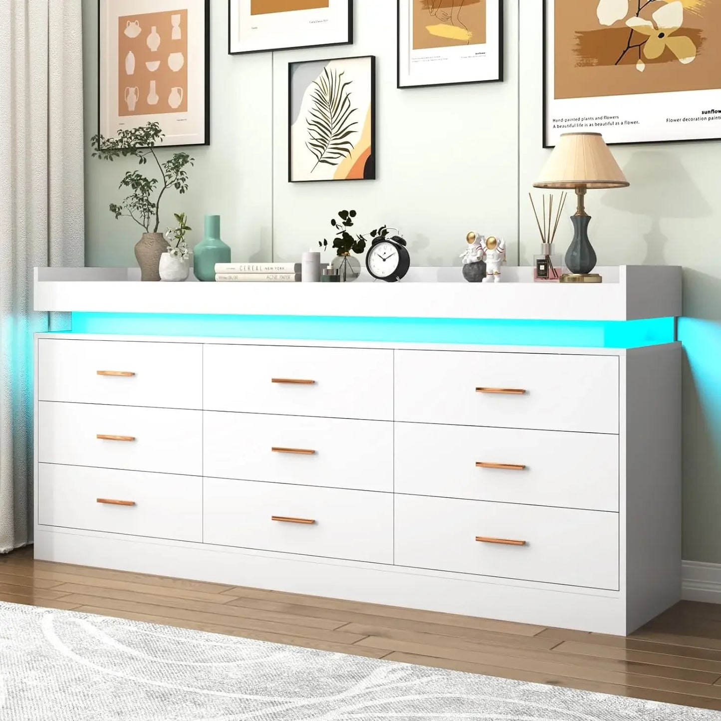 Modern Dresser with LED Light,Wide Drawer Organizer