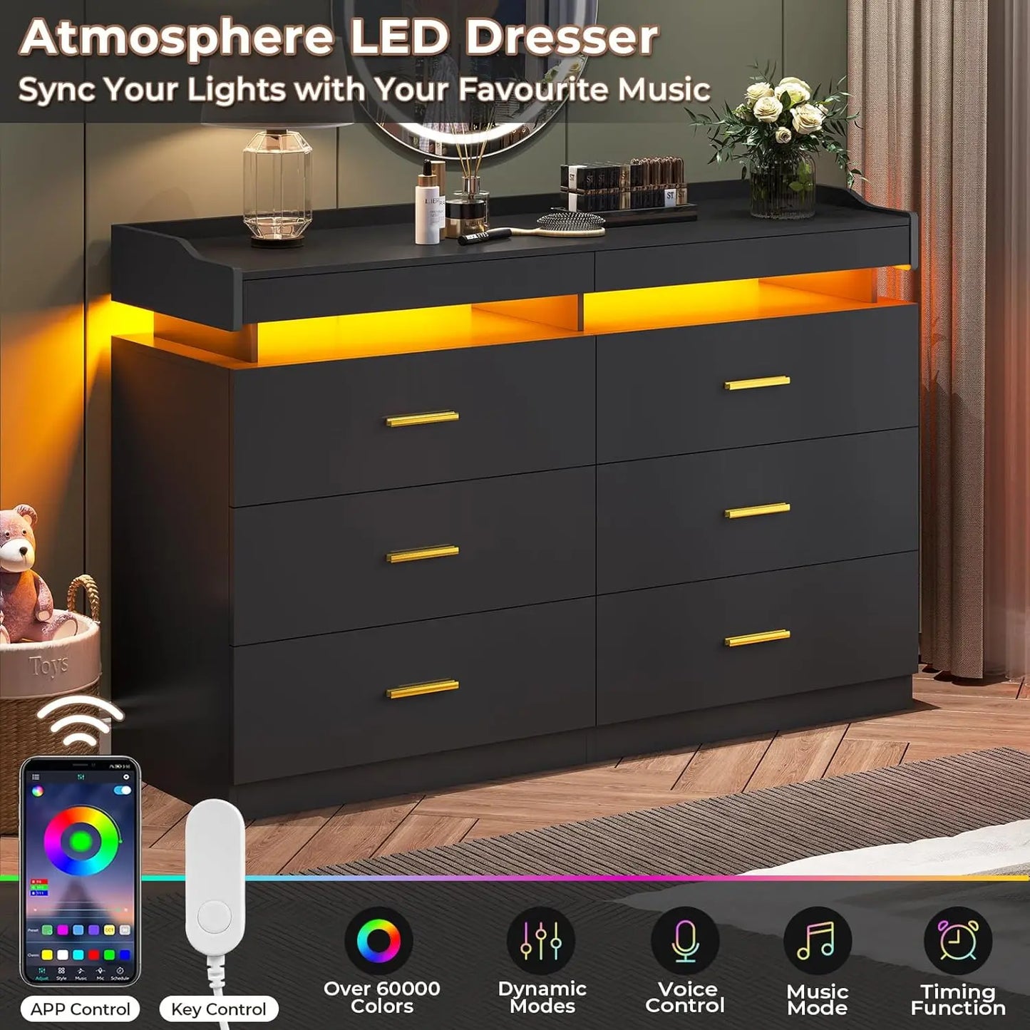 Modern Dresser with LED Light,Wide Drawer Organizer