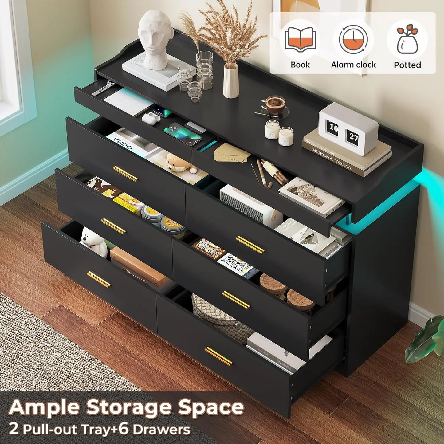 Modern Dresser with LED Light,Wide Drawer Organizer