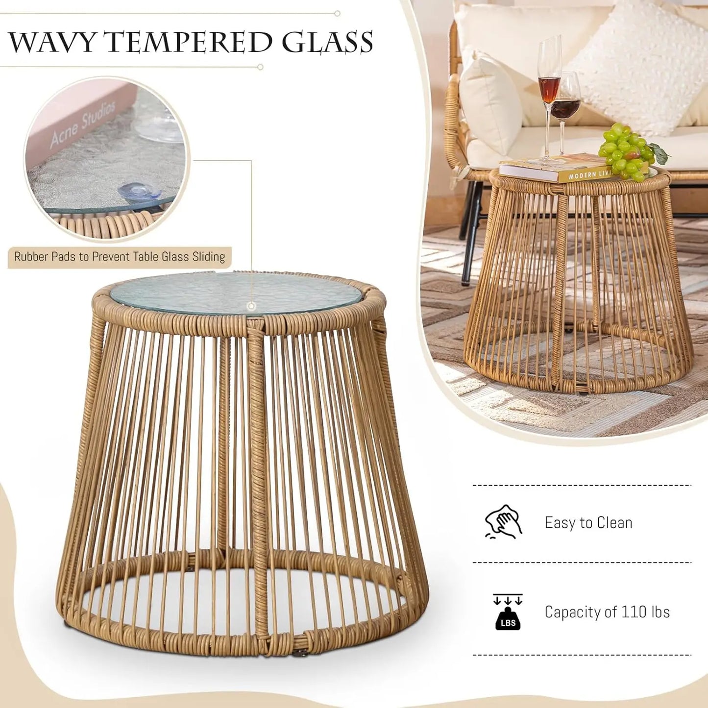 Boho Patio Furniture with Egg Chair and a Tempered Glass Table