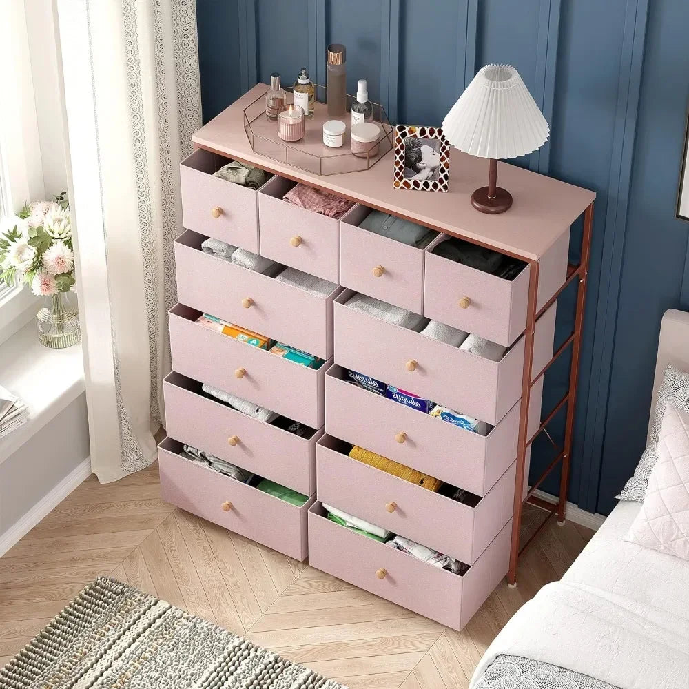 Dresser for Bedroom with 12 Drawers Dressers for Pink Chest of Drawers with Wood Top, Metal Frame, Tall Dressers for Living Room