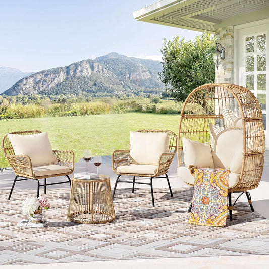 Boho Patio Furniture with Egg Chair and a Tempered Glass Table