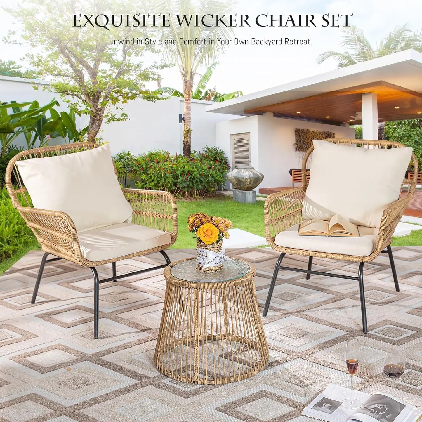 Boho Patio Furniture with Egg Chair and a Tempered Glass Table