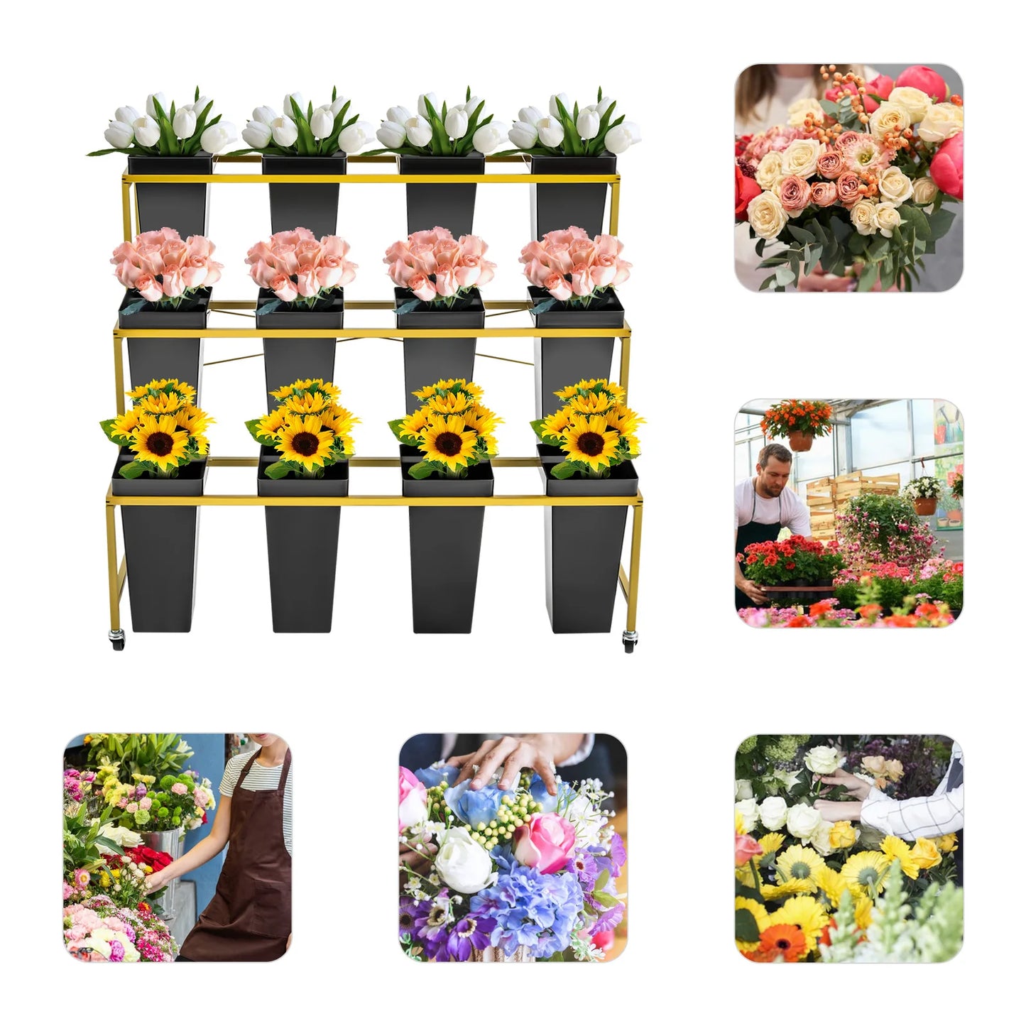 Flower Stand - Metal Plant Stand with 12Pcs Buckets,