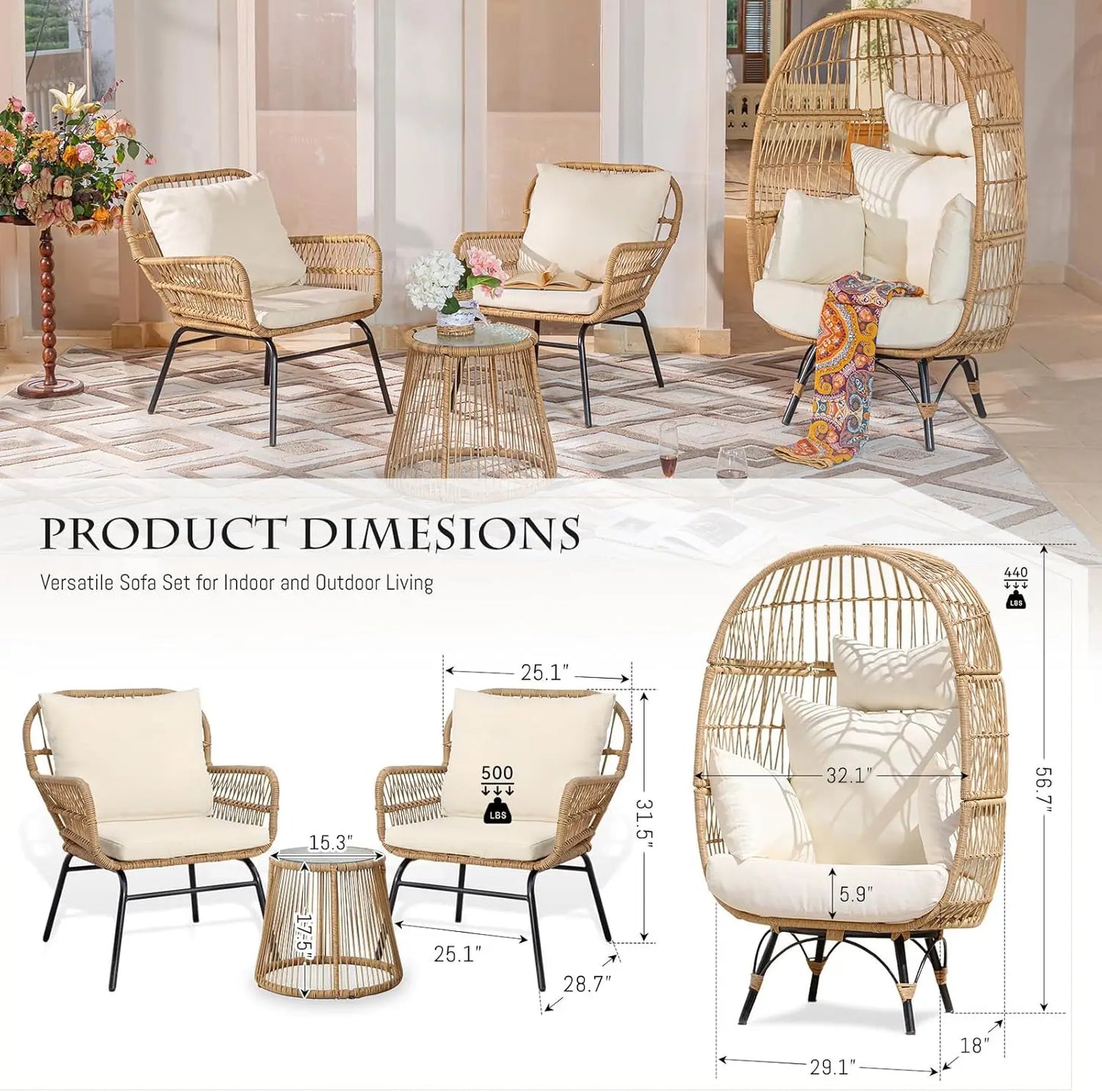 Boho Patio Furniture with Egg Chair and a Tempered Glass Table