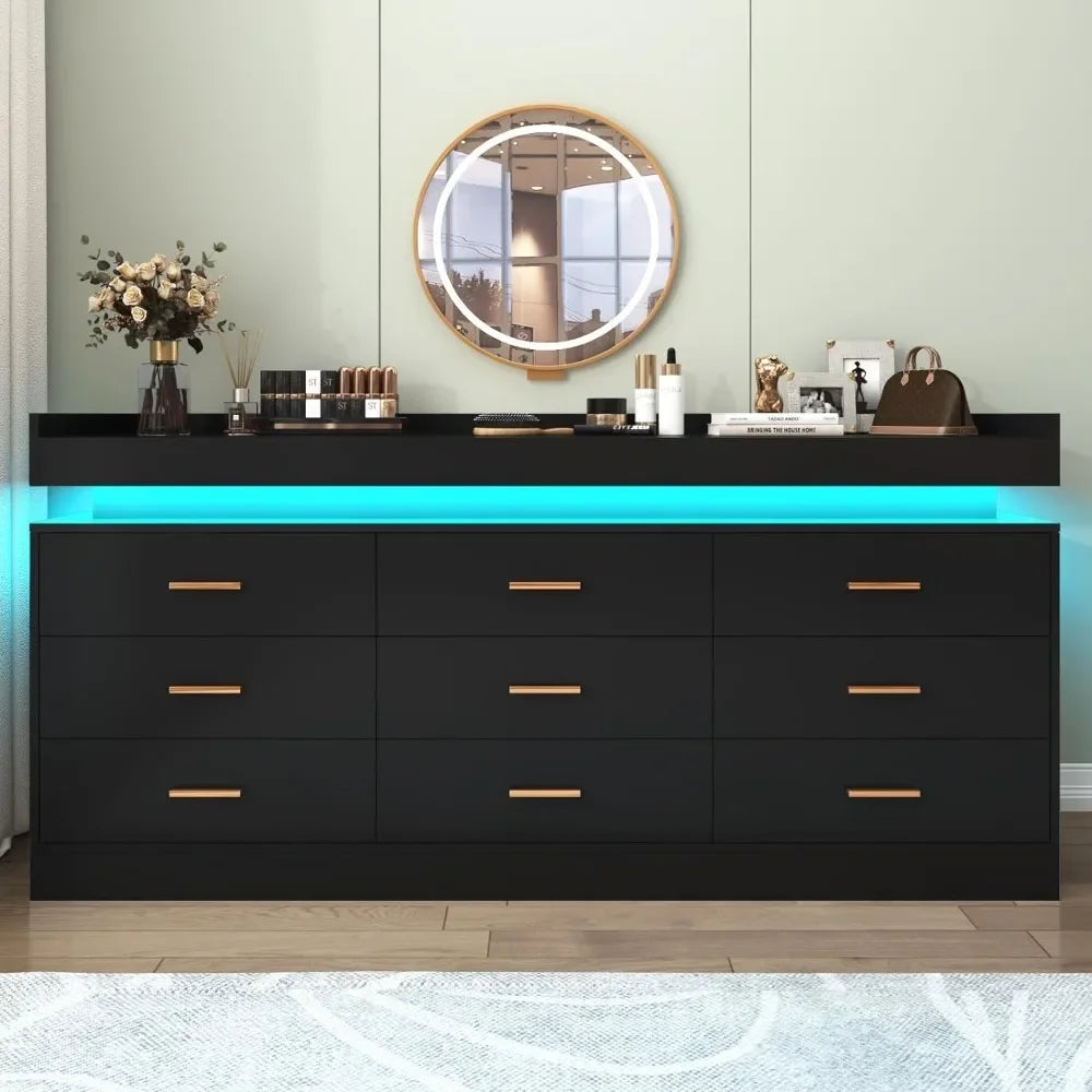 Modern Dresser with LED Light,Wide Drawer Organizer