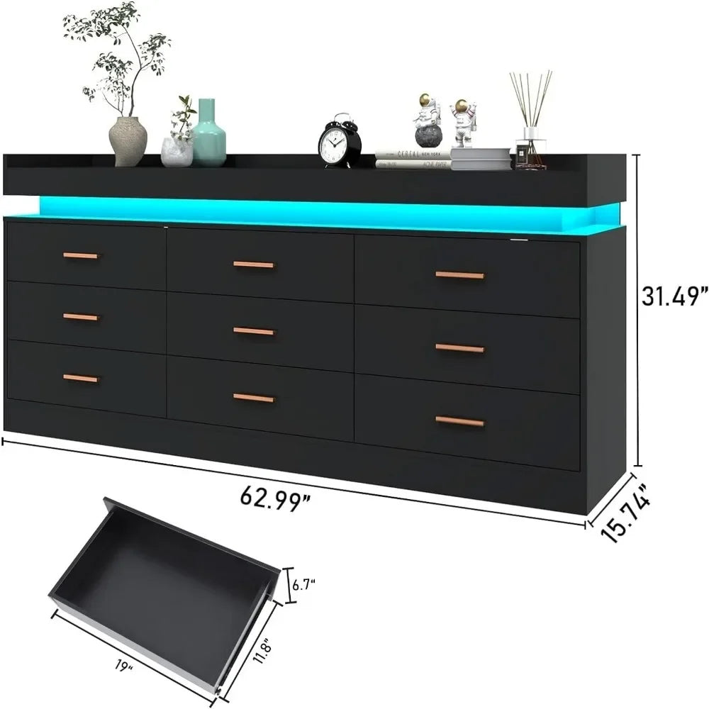 Modern Dresser with LED Light,Wide Drawer Organizer