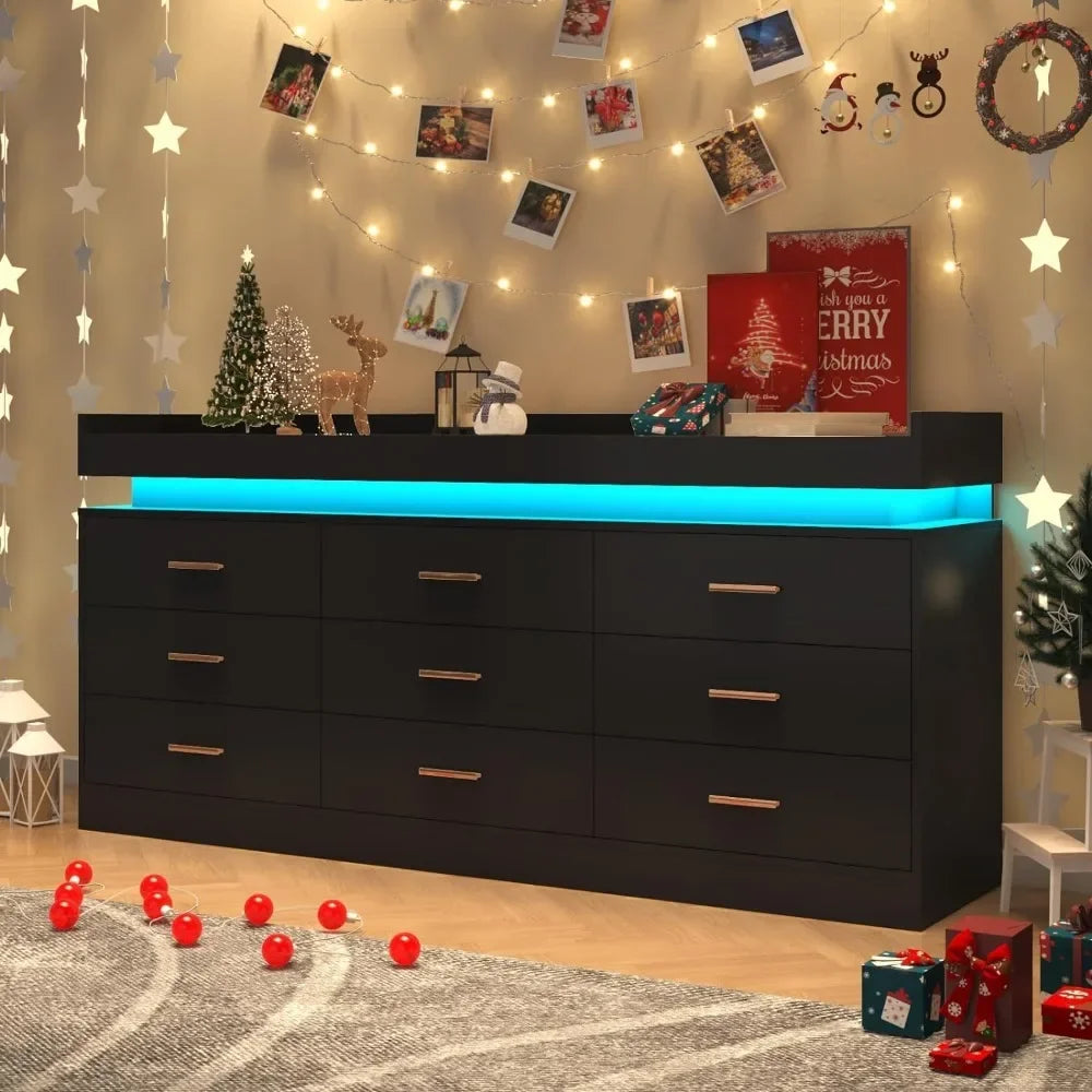 Modern Dresser with LED Light,Wide Drawer Organizer