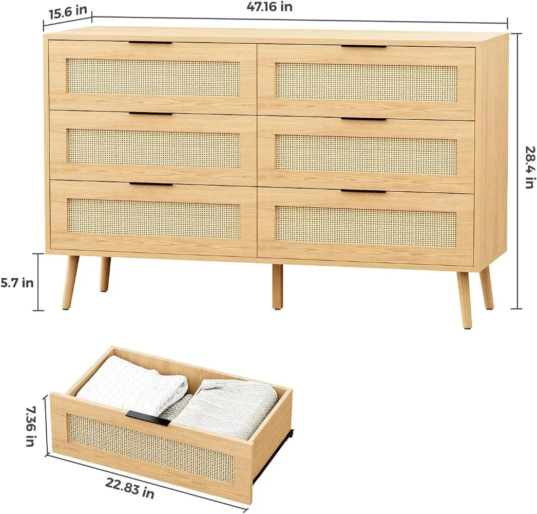 Rattan Dresser for Bedroom with 6 Drawers