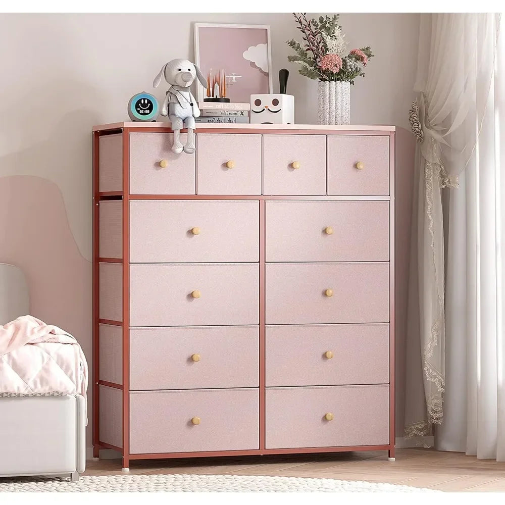 Dresser for Bedroom with 12 Drawers Dressers for Pink Chest of Drawers with Wood Top, Metal Frame, Tall Dressers for Living Room