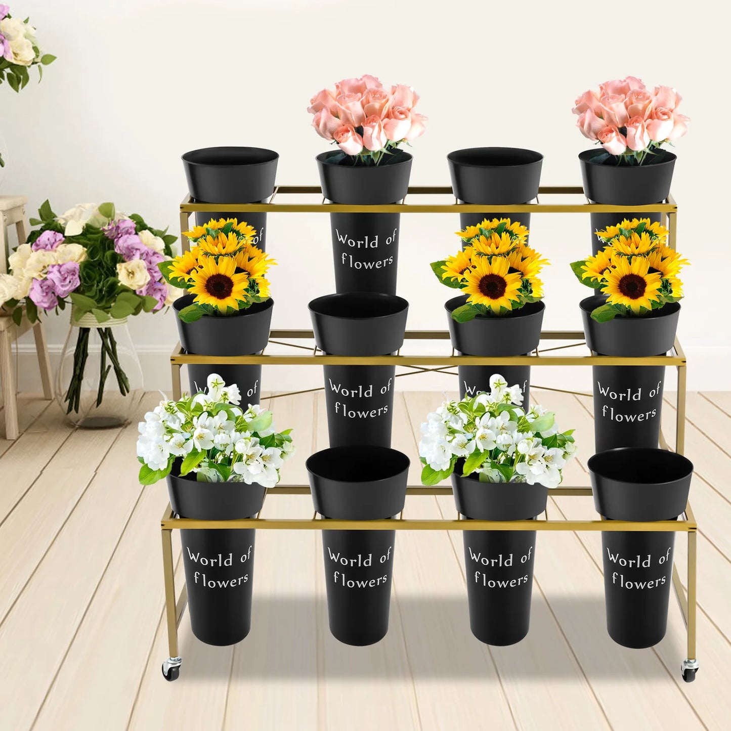 Flower Stand - Metal Plant Stand with 12Pcs Buckets,